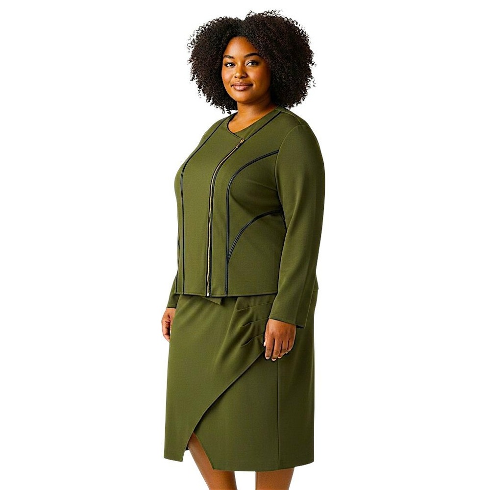 Catherines 2 Piece Skirt Suit Set 30W Women Olive Moto Zip Jacket Asymmetric NEW